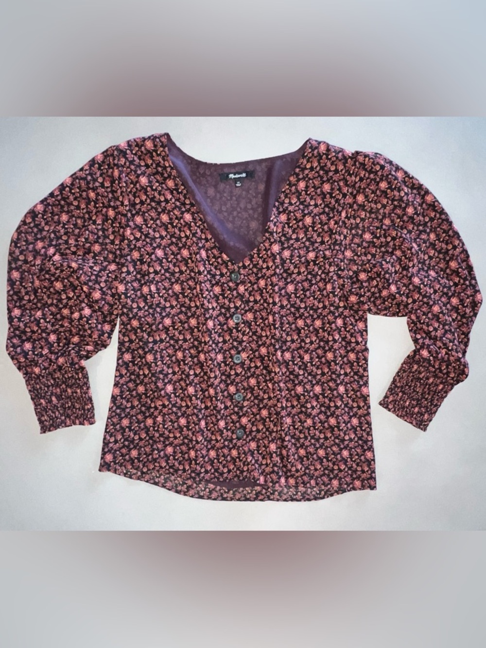 Madewell V-Neck Button-Front Floral Blouse in Burgundy